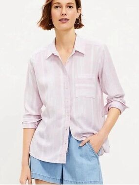 Loft Lavender Striped Everyday Linen Pocket Button Down Shirt Women's M